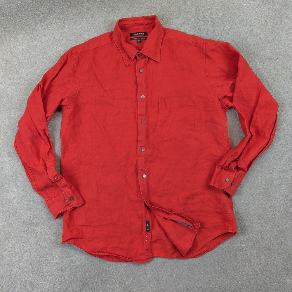 Murano Linen Shirt Mens Large Red Long Sleeve Button Down European Fabric Pocket